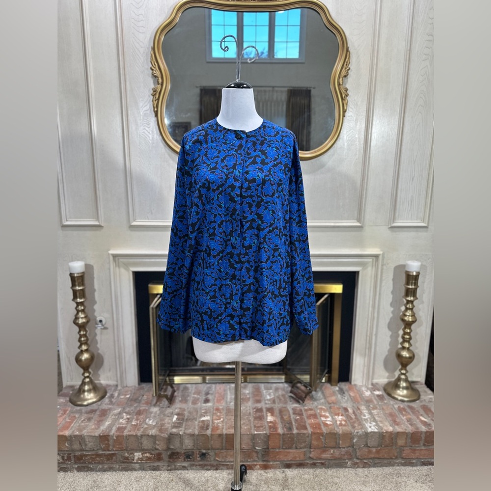 Pendleton Women’s Floral Button Blouse Blue Black‎ Long Sleeve Vintage Polyester